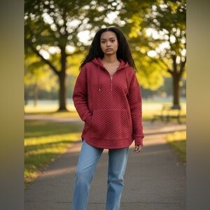 Ideology Quilted Half-Zip Hoodie in Red | Size 1X | Recycled Fabric